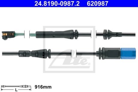 Датчик зносу гальмівних колодок (передніх) BMW 5 (G30/F90)/7 (G11/G12) 15- (L=916mm) ATE 24.8190-0987.2