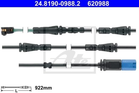 Датчик зносу гальмівних колодок (задніх) BMW 5 (G30/F90)/7 (G11/G12) 15- (L=922mm) ATE 24.8190-0988.2