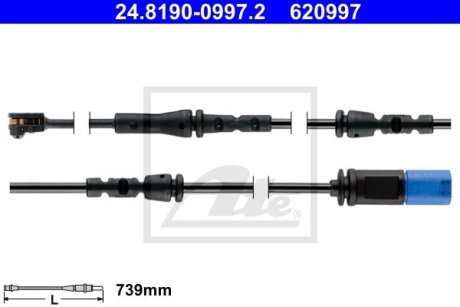 Датчик зношування гальмівних колодок (задніх) BMW X3 (G01)/X4 (G02) 17- (L=739mm) B46/B47/B48/B57/B58 ATE 24.8190-0997.2