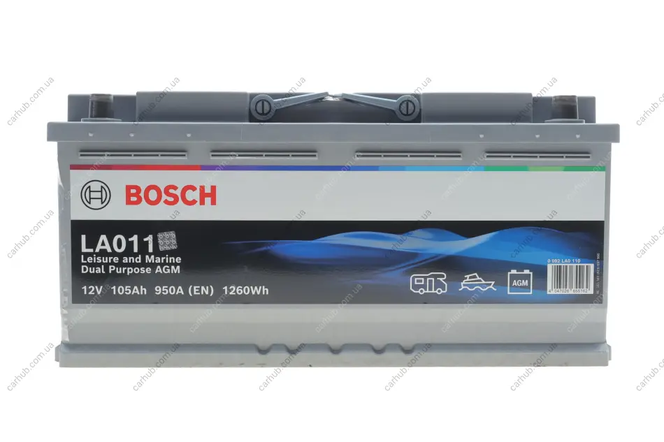 Акумуляторна батарея 105Ah/950A (393x175x190/+R/B13) Dual Purpose AGM BOSCH 0 092 LA0 110 (фото 1)