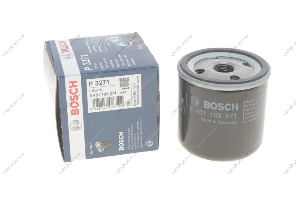 Масляний фільтр CHRYSLER STRATUS DODGE CARAVAN, GRAND, NEON II, STRATUS, STRATUS II FORD USA ESCAPE, FOCUS, FUSION, TRANSIT CONNECT GAZ SOBOL PLYMOUTH VOYAGER RENAULT 16, 30 1.0D-4.0 01.69- BOSCH 0 451 103 271 (фото 1)