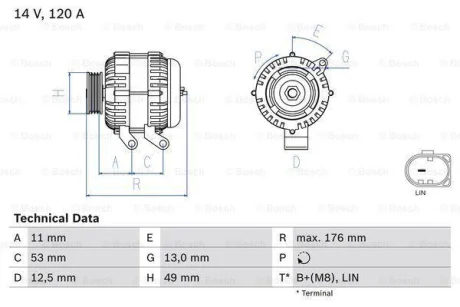 Генератор (14В, 120А, відновлений) FORD B-MAX, C-MAX II, ECOSPORT, FIESTA, FIESTA VI, FOCUS III, GRAND C-MAX, KA+ III, KUGA II, MONDEO IV, TOURNEO CONNECT V408 NADWOZIE WIELKO 1.0-2.0D 03.07- BOSCH 0 986 082 220