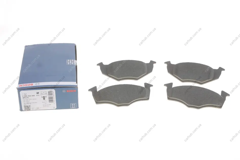 Комплект гальмівних колодок передн, SEAT CORDOBA, CORDOBA VARIO, IBIZA II, TOLEDO I VW GOLF III, POLO, POLO III CLASSIC, VENTO 1.0-2.8 05.91-12.02 BOSCH 0 986 424 449 (фото 1)