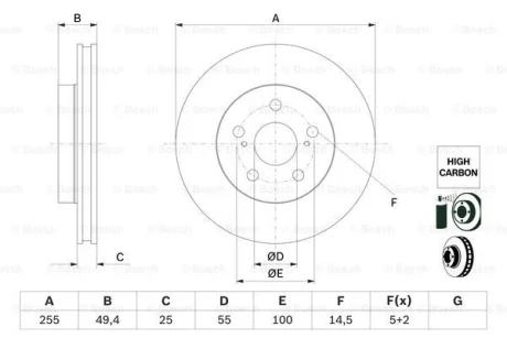 Диск гальмівний передн лів/прав TOYOTA PRIUS, PRIUS PHV 1.8H 09.15-12.22 BOSCH 0 986 479 F72