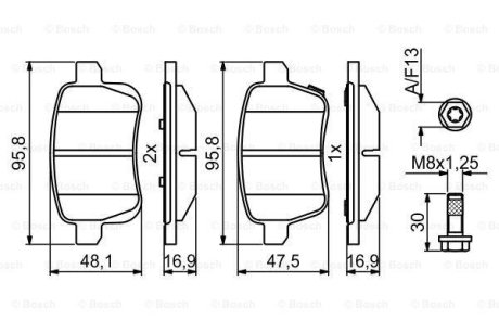 Колодки гальмівні (задні) Fiat 500L 13-/Tipo 15-/Opel Corsa E 14- (з болтами) 0 986 494 825 BOSCH 0986494825