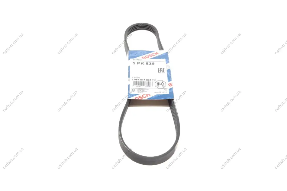 Поліклиновий ремінь (5PK836) BMW 3 (E46), 5 (E39) FIAT REGATA, SEDICI SUZUKI GRAND VITARA II, SWIFT III, SWIFT IV, SX4, SX4 S-CROSS 1.3-2.0D 04.84- BOSCH 1 987 947 836 (фото 1)