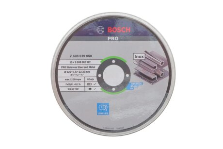 Круг відрізний (К-кт 10 шт) 125x1,6x22,23 мм PRO Stainless Steel and Metal Cutting Disc BOSCH 2608619050