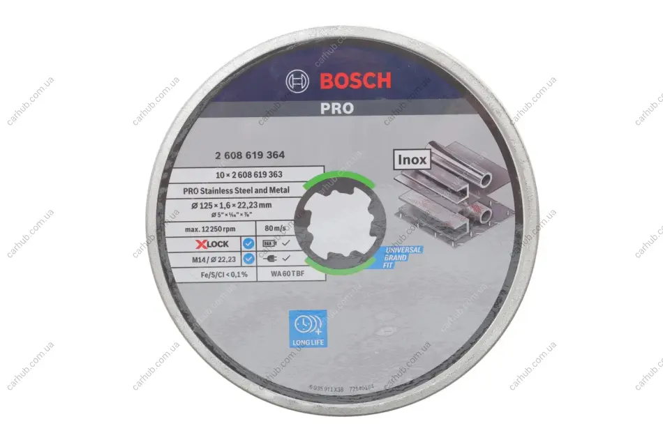 Круг відрізний 125 x1.6x22,23 мм X-Lock (PRO Stainless Steel and Metal) (к-кт 10 шт) BOSCH 2 608 619 364 (фото 1)