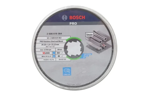 Круг відрізний 125 x1.6x22,23 мм X-Lock (PRO Stainless Steel and Metal) (к-кт 10 шт) BOSCH 2 608 619 364