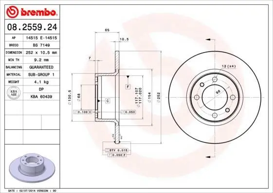 Гальмівний диск пер. Lada -12 (252x65mm) BREMBO 08.2559.24 (фото 1)