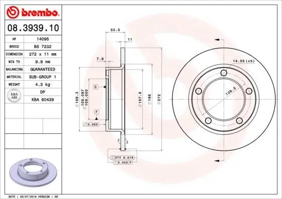 Гальмівний диск пер. Niva 02- / Lada Niva76-/Samara (272х11) BREMBO 08.3939.10 (фото 1)