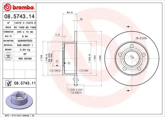 Гальмівний диск зад. Audi 100/A6/Passat/Superb (88-08) BREMBO 08.5743.11 (фото 1)