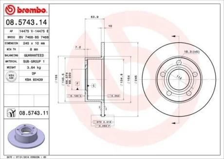 Гальмівний диск зад. Audi 100/A6/Passat/Superb (88-08) BREMBO 08.5743.11