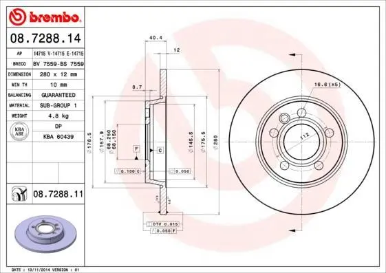 Гальмівний диск зад. Transporter (96-03) BREMBO 08.7288.14 (фото 1)