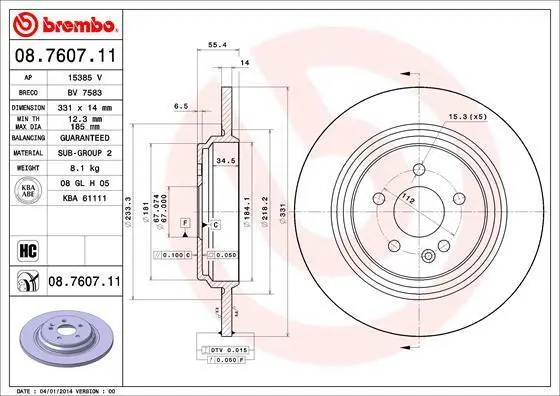 Гальмівний диск зад. W163 (331х14) BREMBO 08.7607.11 (фото 1)