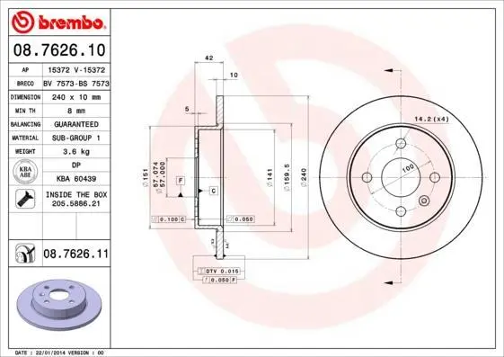Гальмівний диск зад. Astra 94-/Meriva A 03- (240x10) BREMBO 08.7626.11 (фото 1)