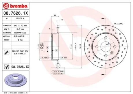 Гальмівний диск зад. Astra 94-/Meriva A 03- (240x10) BREMBO 08.7626.1X