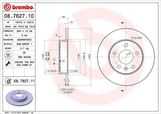 Гальмівний диск зад. Astra/Combo/Corsa/Meriva/Nabira (99-21) BREMBO 08.7627.11 (фото 1)