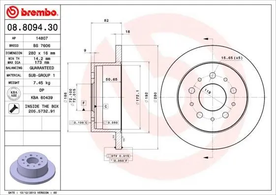 Гальмівний диск зад. Citroen Jumper/Fiat Ducato/Peugeot Boxer 06- (280*16, R15") BREMBO 08.8094.30 (фото 1)
