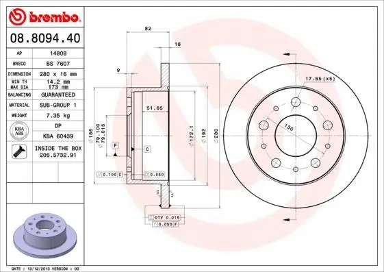 Гальмівний диск зад. Jumper/Ducato/Boxer 06- (280x82mm) BREMBO 08.8094.40 (фото 1)