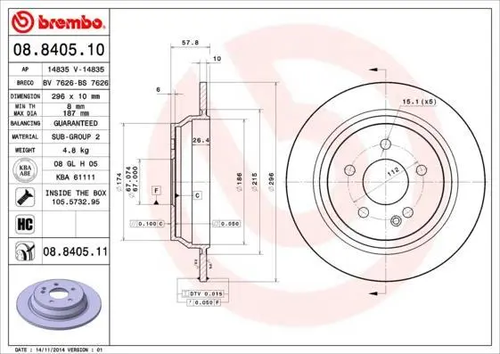Гальмівний диск зад. Viano/Vito 03- BREMBO 08.8405.10 (фото 1)