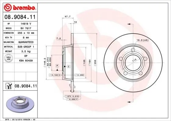 Гальмівний диск задн. A6 (C5) 97-05 (255x10x48) BREMBO 08.9084.11 (фото 1)