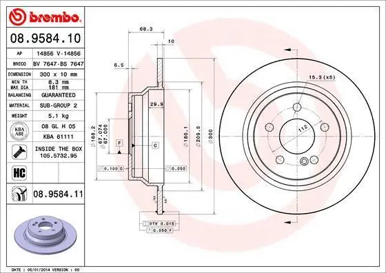 Гальмівний диск зад. W218/W211/W212 (02-21) BREMBO 08.9584.11 (фото 1)