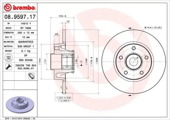 Гальмівний диск зад. Trafic II/Vivaro/Primastar 01- (280x103mm)/к-т з підшипн., +кільце ABS(1шт/уп) BREMBO 08.9597.17 (фото 1)