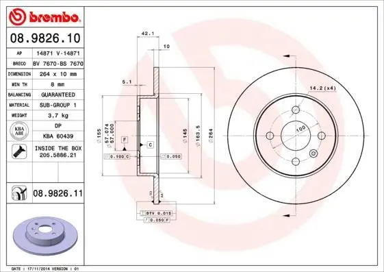 Гальмівний диск зад. Meriva 02-/Combo 01-/Corsa C 00- (264x42mm) BREMBO 08.9826.11 (фото 1)