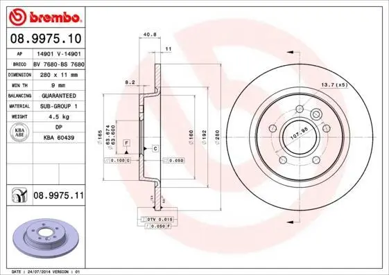 Гальмівний диск зад. FORD C-max,Focus II/Volvo C30,S40,V40/V50 03- (280*11, 16") BREMBO 08.9975.11 (фото 1)