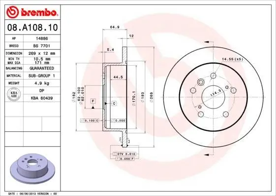 Гальмівний диск задн. Lexus ES/Toyota Camry 01- (269*12) BREMBO 08.A108.10 (фото 1)