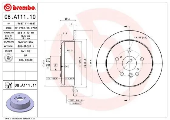 Гальмівний диск зад. Lexus RX 03-08 3.0-3.5 BREMBO 08.A111.11 (фото 1)