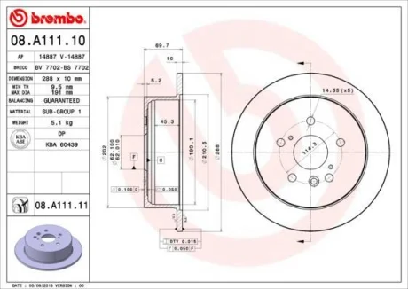 Гальмівний диск зад. Lexus RX 03-08 3.0-3.5 BREMBO 08.A111.11