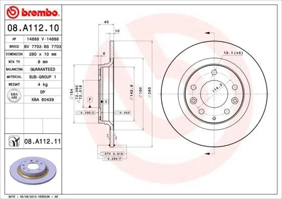 Гальмівний диск зад. 323/626/Mazda 6 98-12 (280х10) BREMBO 08.A112.11 (фото 1)