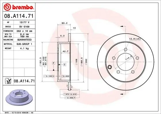 Гальмівний диск зад. Lancer 00- (262*60) BREMBO 08.A114.71 (фото 1)