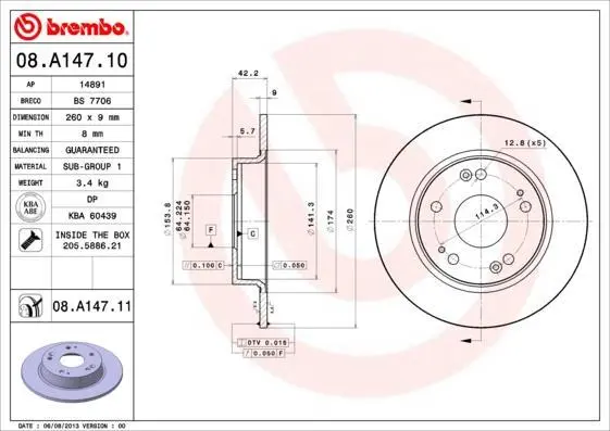 Гальмівний диск зад. Civic (09-21) BREMBO 08.A147.10 (фото 1)