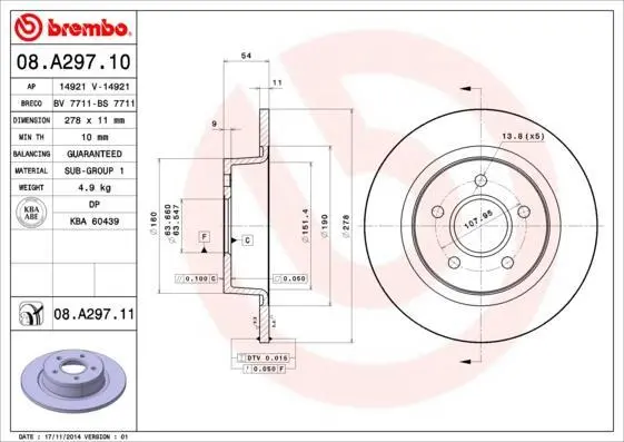 Гальмівний диск зад. Connect 02- (278x54mm) BREMBO 08.A297.11 (фото 1)