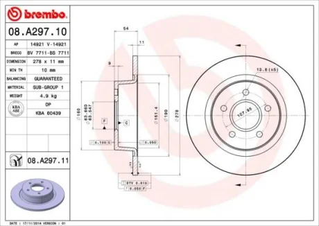 Гальмівний диск зад. Connect 02- (278x54mm) BREMBO 08.A297.11