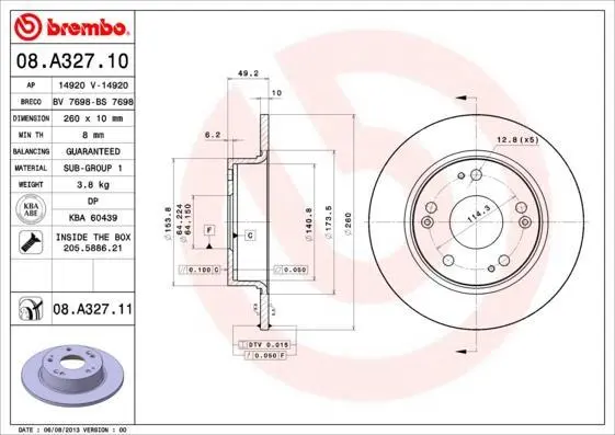 Гальмівний диск зад. Honda Accord 7 03- (260*10) BREMBO 08.A327.11 (фото 1)