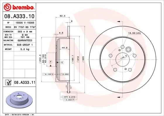 Гальмівний диск зад. Tiggo 02-/Rav 4 00- (303x63mm) BREMBO 08.A333.11 (фото 1)