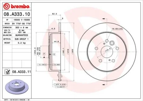 Гальмівний диск зад. Tiggo 02-/Rav 4 00- (303x63mm) BREMBO 08.A333.11
