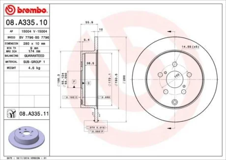 Гальмівний диск зад. Avensis 03- (280*10) BREMBO 08.A335.10
