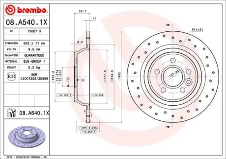 Гальмівний диск зад. Kuga I 08-/Mondeo IV 07-/Range Rover Evoque 11- (302x51mm) BREMBO 08.A540.1X