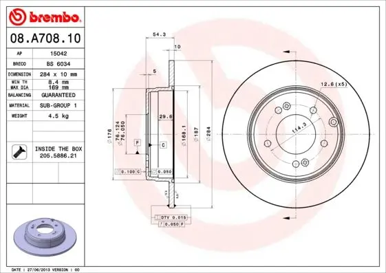 Гальмівний диск зад. Azera/Grandeur/Tucson/NF/Sonata/K5/Optima 05- BREMBO 08.A708.11 (фото 1)
