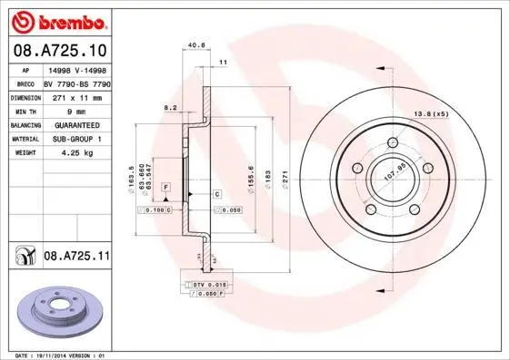 Гальмівний диск зад. Focus (14-21) BREMBO 08.A725.10 (фото 1)