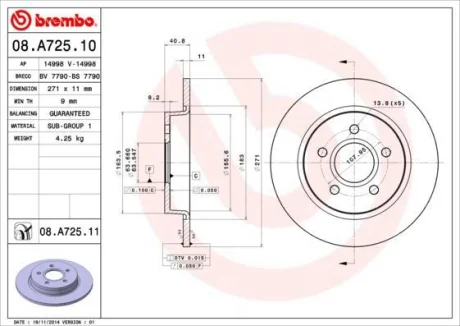 Гальмівний диск зад. Focus (14-21) BREMBO 08.A725.10