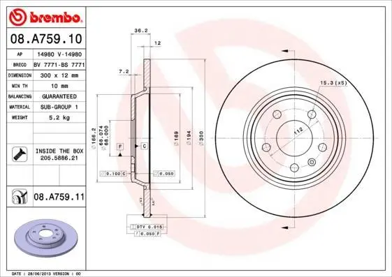 Гальмівний диск зад. Q5/A4/A6/A6/A7/A5/Q5/A4 08- BREMBO 08.A759.11 (фото 1)