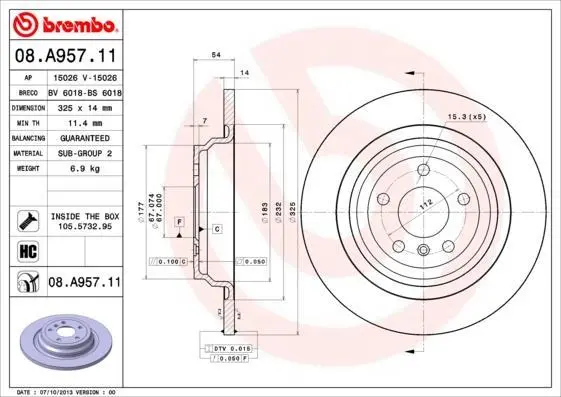 Гальмівний диск зад. MB W166 11- BREMBO 08.A957.11 (фото 1)