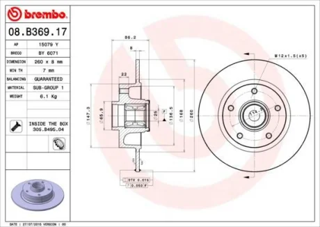 Гальмівний диск зад. Megane III/Scenic III/Fluence 08- (260*8)/з підшипником BREMBO 08.B369.17
