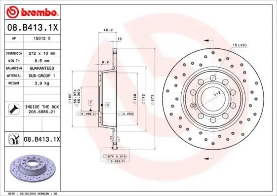 Гальмівний диск зад. Golf/T-Roc/Touran/Caddy/Bora/Jetta/Eos/Yeti/Octavia/Superb BREMBO 08.B413.1X (фото 1)
